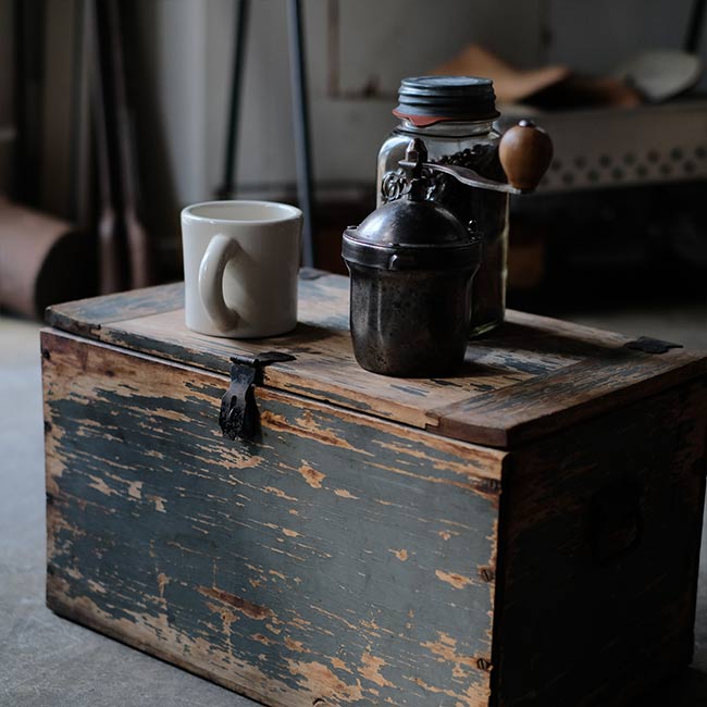 Wooden box with peeling paint