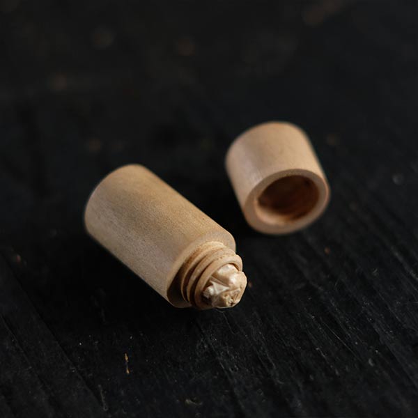 The tip of a tool in a wooden tube