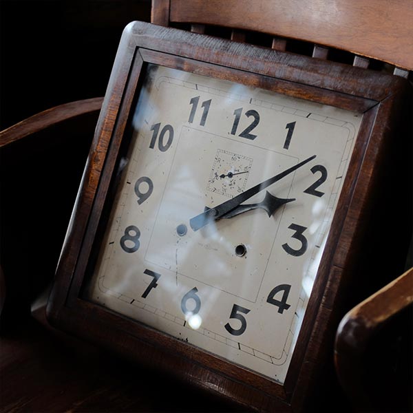 Square wall clock of unknown manufacturer, battery-operated quartz movement replaced