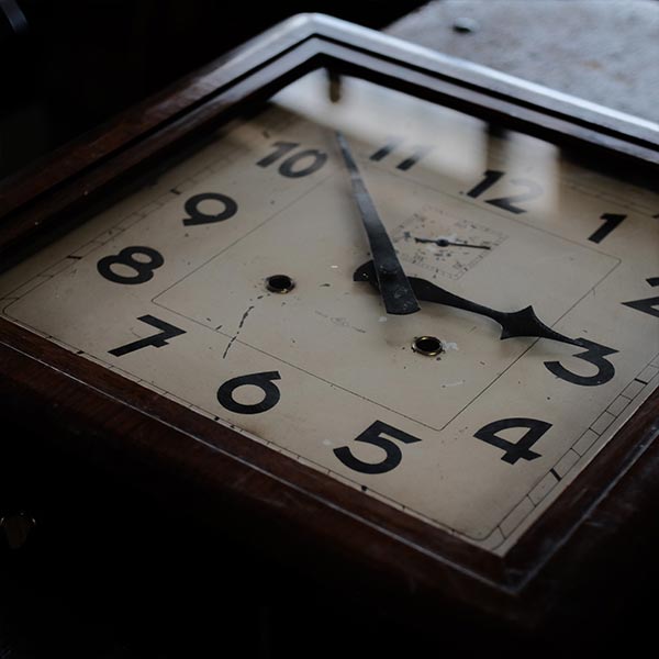 Square wall clock of unknown manufacturer, battery-operated quartz movement replaced