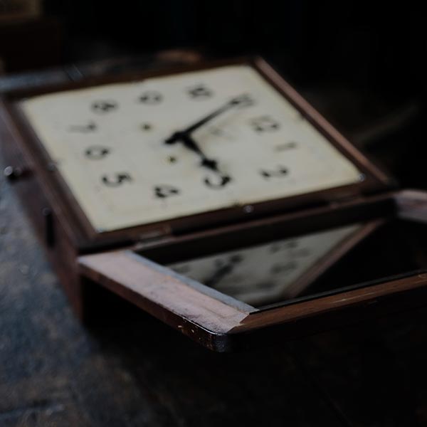 Square wall clock of unknown manufacturer, battery-operated quartz movement replaced