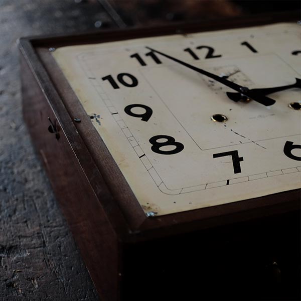 Square wall clock of unknown manufacturer, battery-operated quartz movement replaced