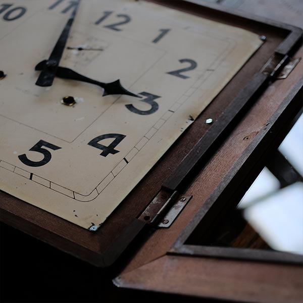 Square wall clock of unknown manufacturer, battery-operated quartz movement replaced