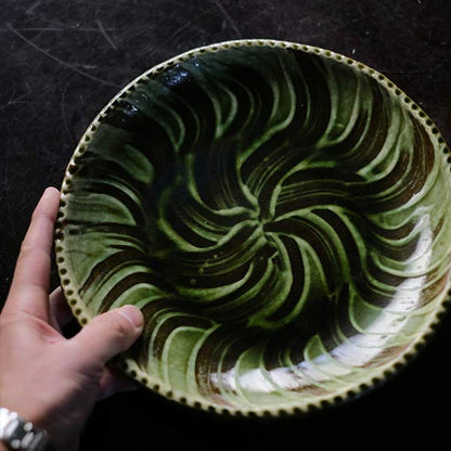 緑釉 指描き 八寸皿