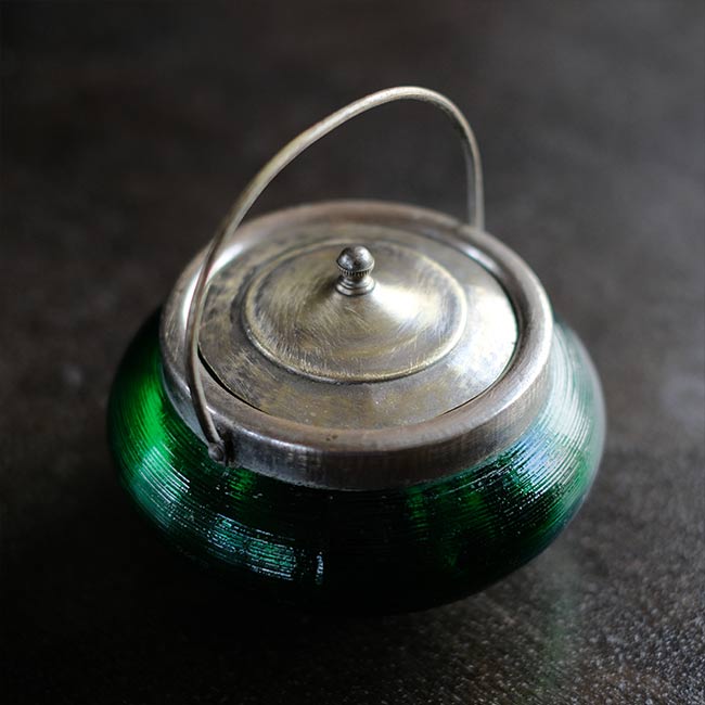 大正～昭和初期 ガラスのシュガーポットL 緑