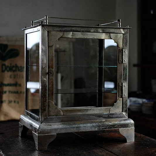 Old metal disinfection cabinet with glass shelves